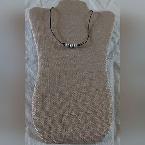 Handmade Navy Blue Leather & Silver 3 Pearl Necklace